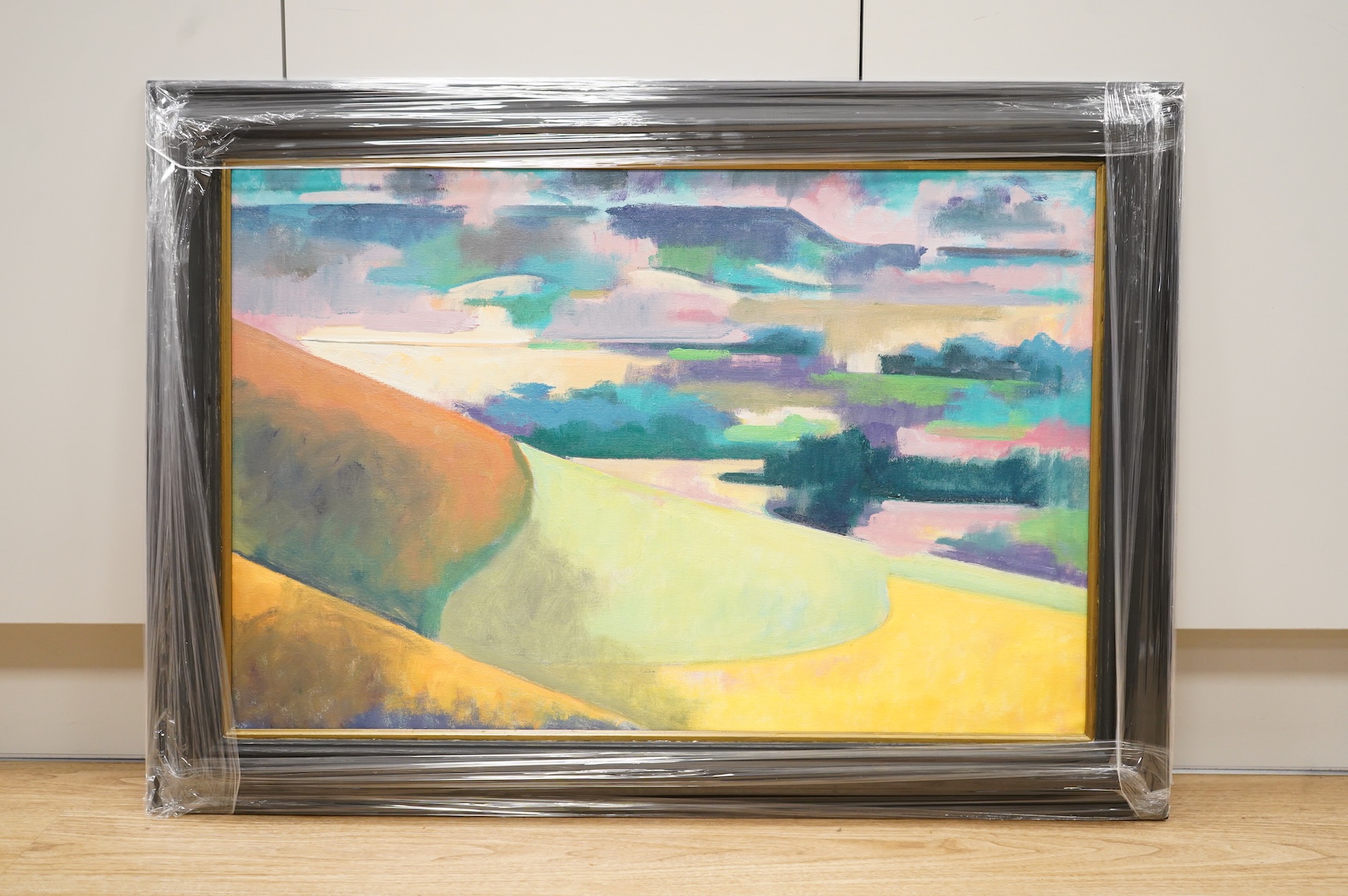Robin Holtom (b.1944), 'Towards Firle Beacon', abstract landscape, monogrammed and inscribed verso, oil on canvas, 49 x 74cm